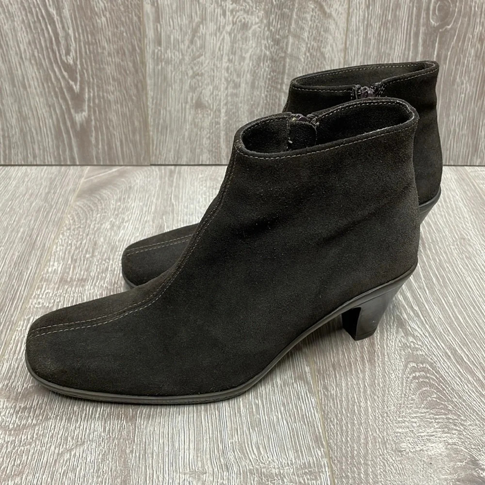 La Canadienne Waterproof Suede Heeled Square Toe Ankle Boots Dark Brown 8M